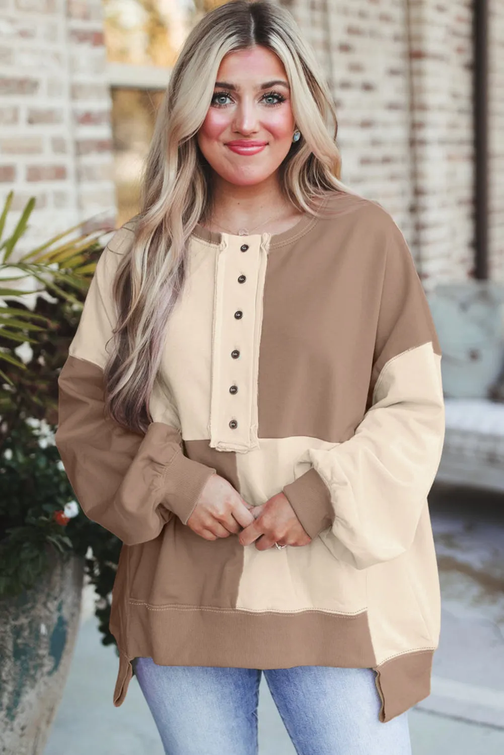 Parchment Colorblock Henley High Low Oversize Sweatshirt