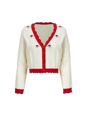 Pasquina Floral Knit Cardigan with Button Front in Red