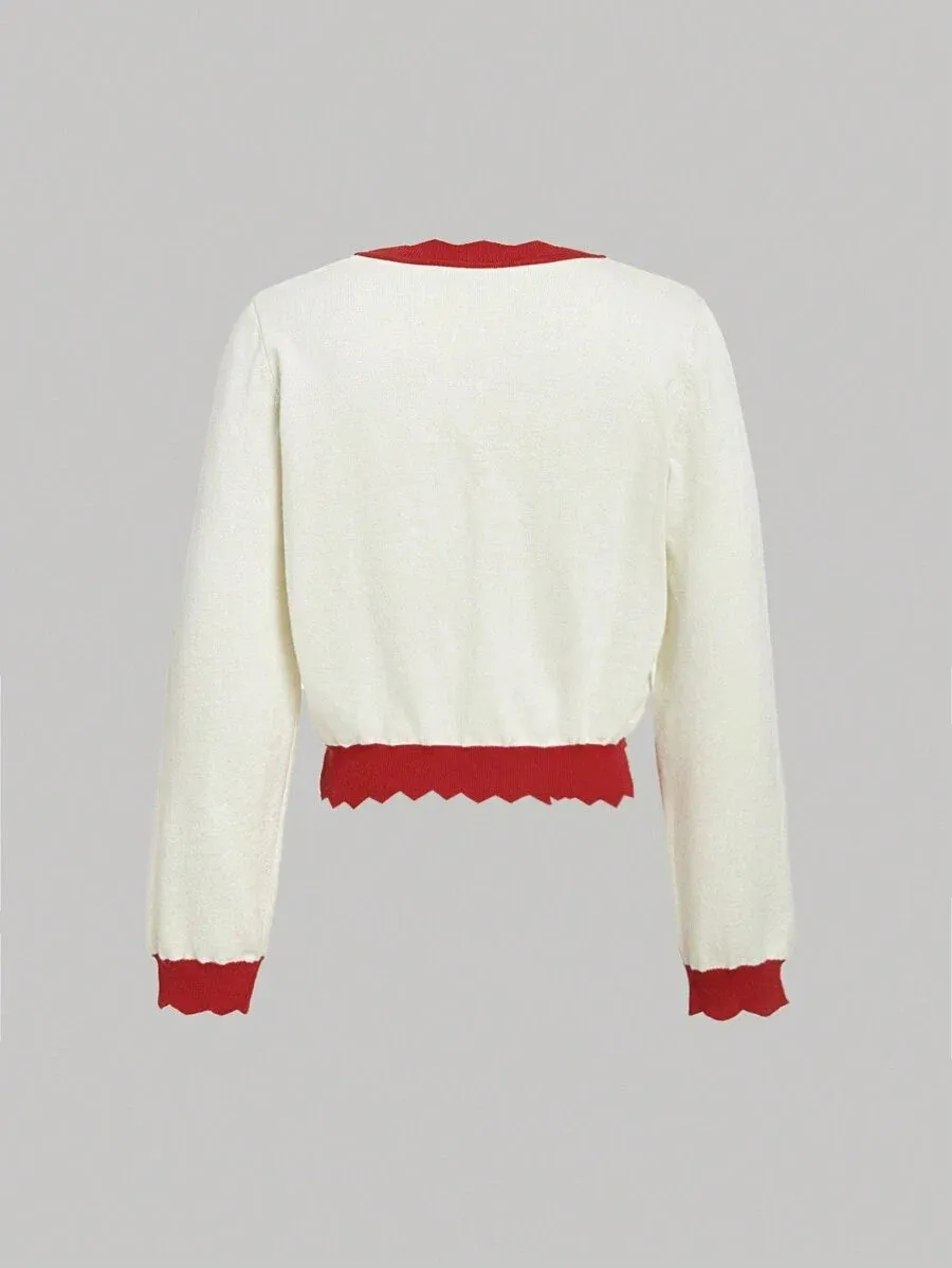 Pasquina Floral Knit Cardigan with Button Front in Red
