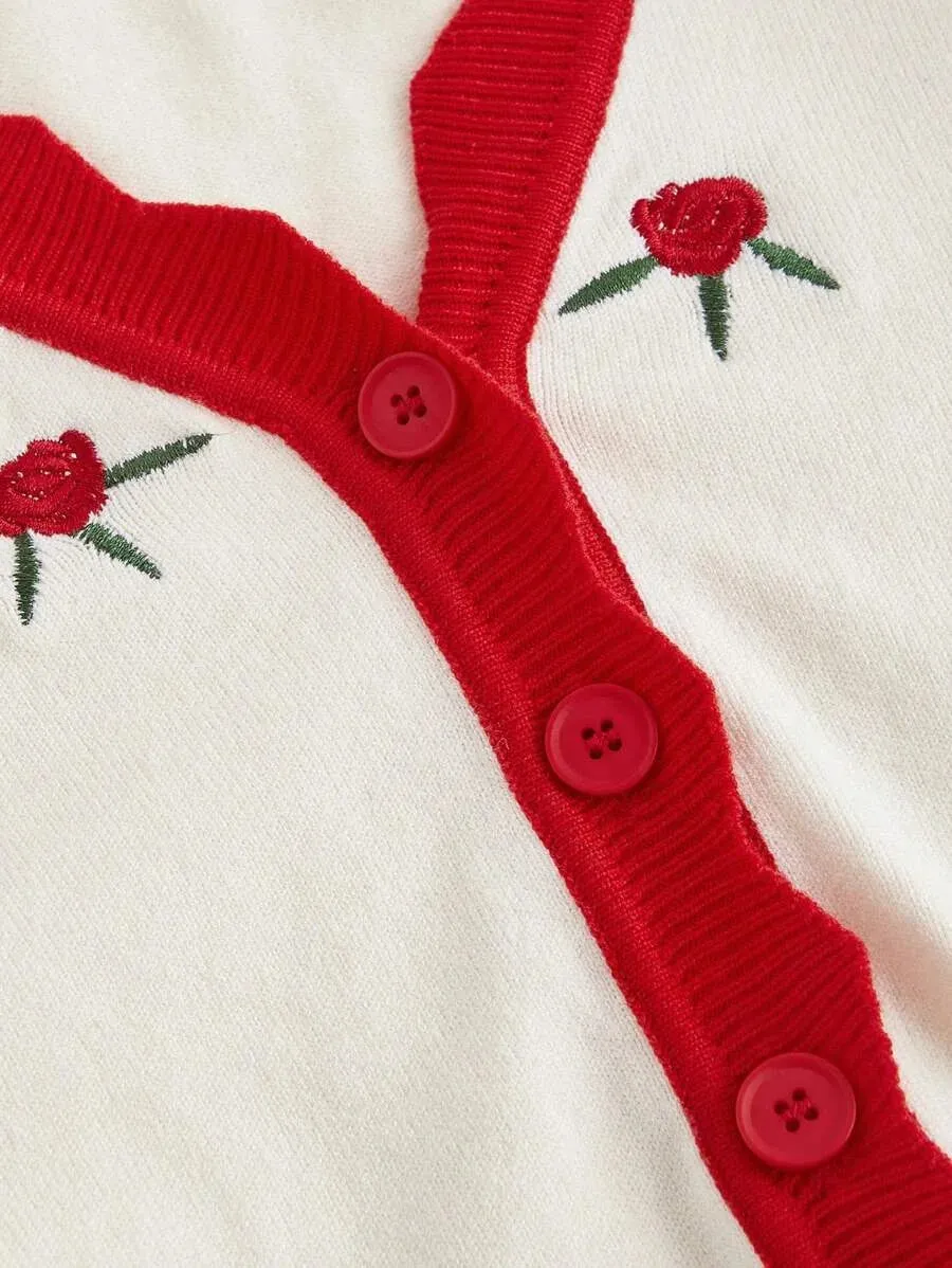 Pasquina Floral Knit Cardigan with Button Front in Red