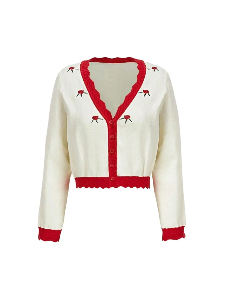 Pasquina Floral Knit Cardigan with Button Front in Red
