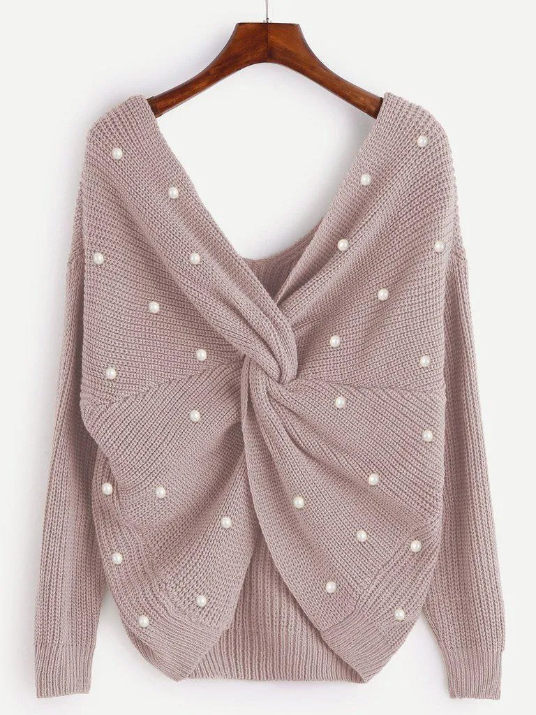Pearl Beading Twist Infinity Sweater
