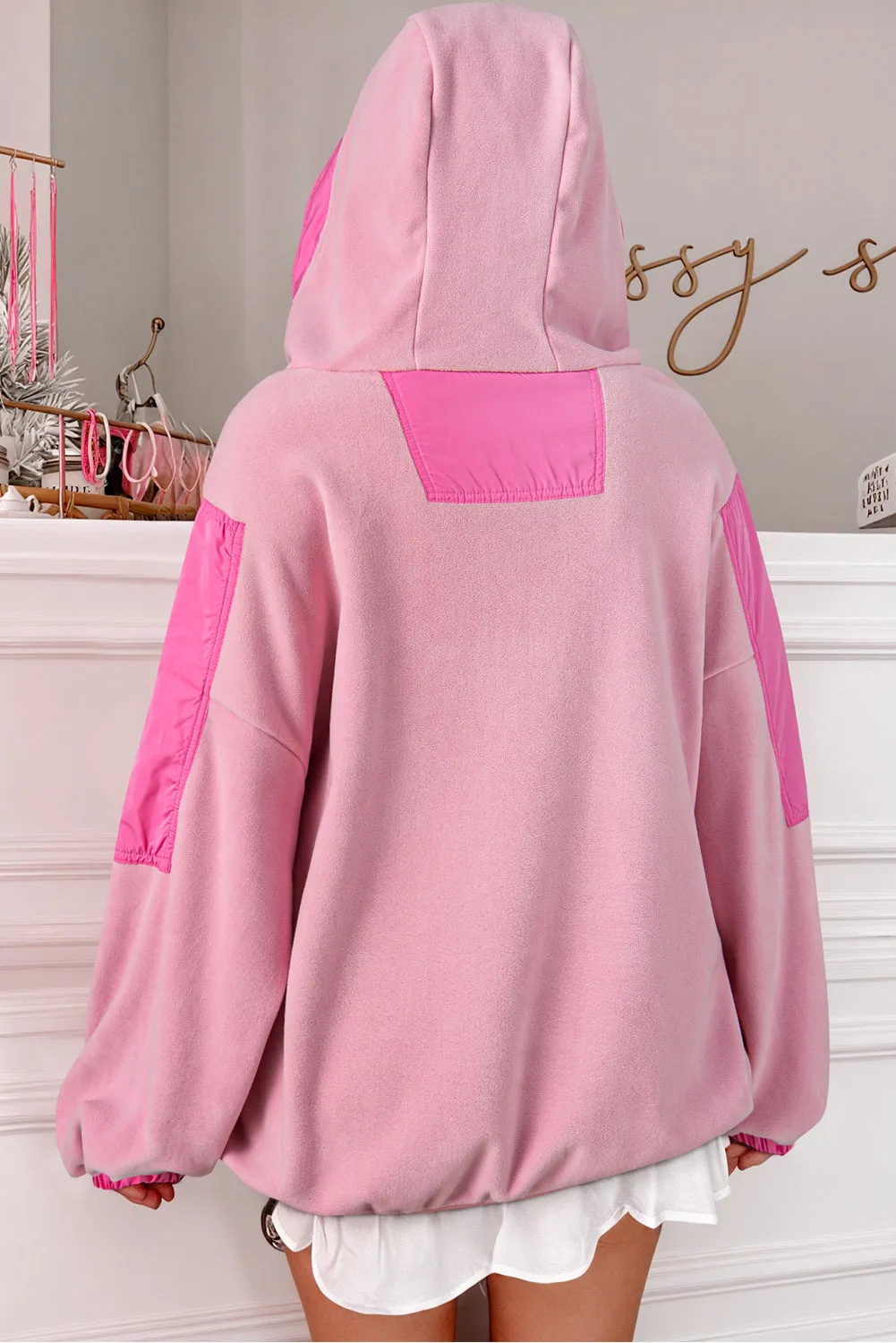 Pink Colorblock Patchwork Half Zip Oversized Sherpa Hoodie