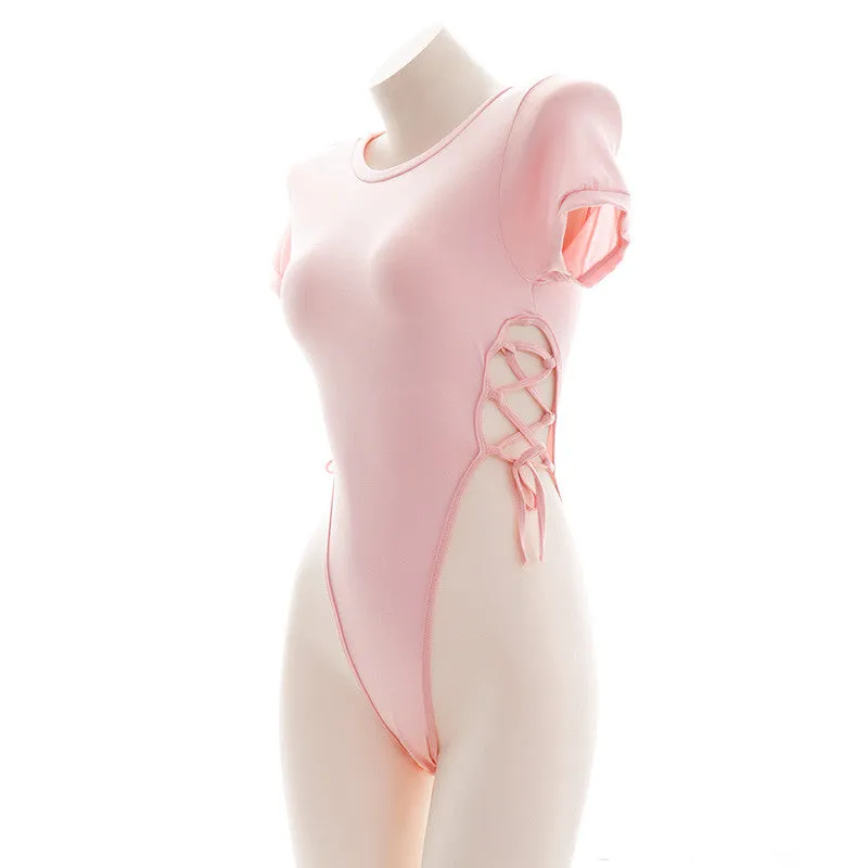 Pink Lace-up One-piece T-shirt Pajamas EV4076