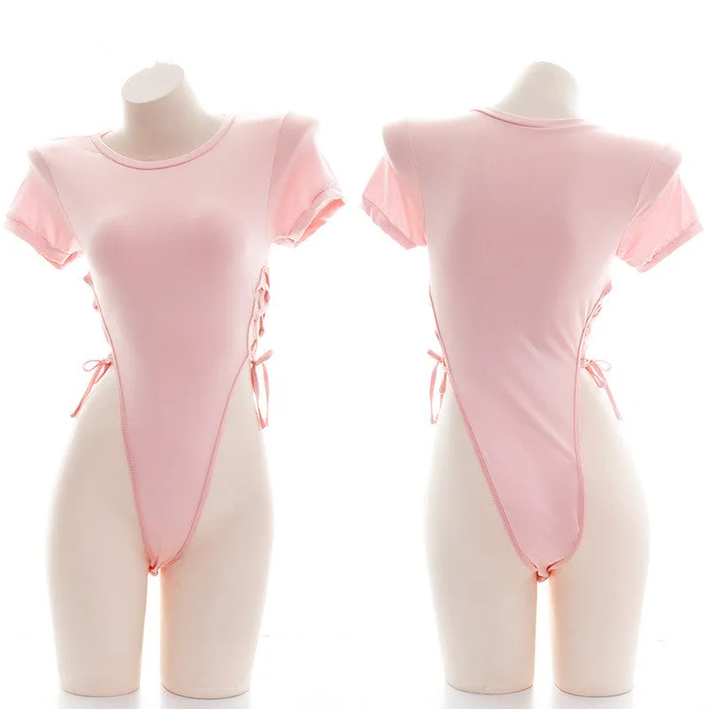 Pink Lace-up One-piece T-shirt Pajamas EV4076