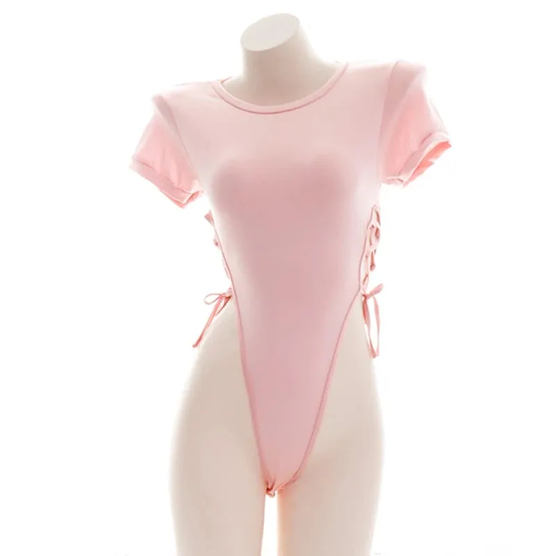 Pink Lace-up One-piece T-shirt Pajamas EV4076