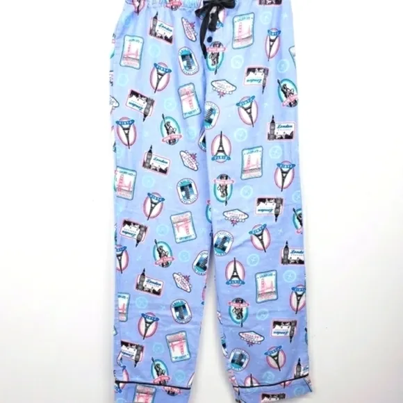 P.j. Salvage Blue Flannel Pajamas Paris design Size Small