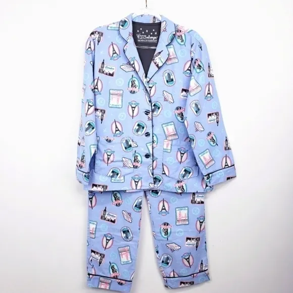 P.j. Salvage Blue Flannel Pajamas Paris design Size Small