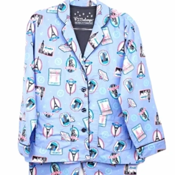 P.j. Salvage Blue Flannel Pajamas Paris design Size Small