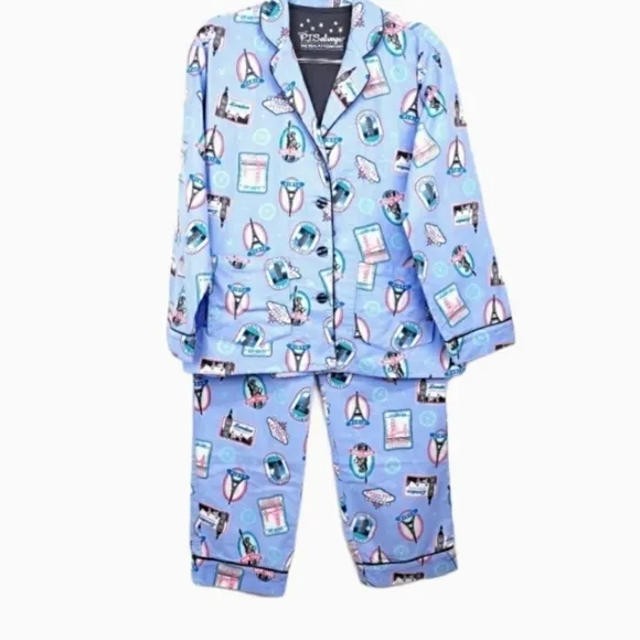 P.j. Salvage Blue Flannel Pajamas Paris design Size Small