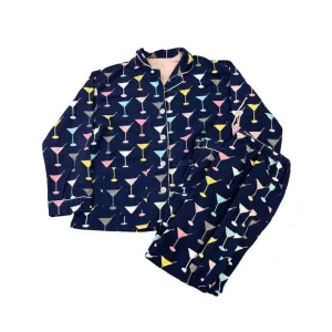 P.J. Salvage Martini Cheers Flannel Pajama Set, Size Large Navy/Pink Cozy Warm