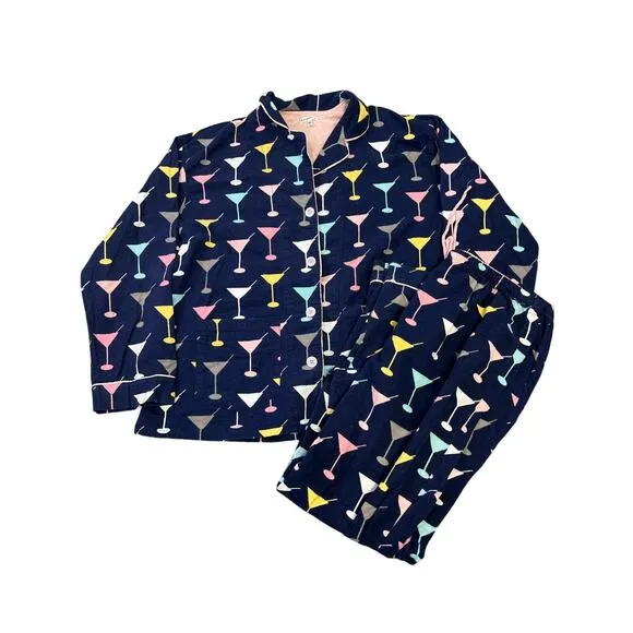 P.J. Salvage Martini Cheers Flannel Pajama Set, Size Large Navy/Pink Cozy Warm
