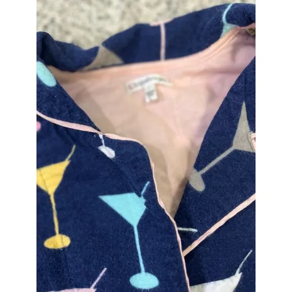 P.J. Salvage Martini Cheers Flannel Pajama Set, Size Large Navy/Pink Cozy Warm