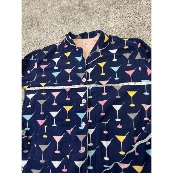 P.J. Salvage Martini Cheers Flannel Pajama Set, Size Large Navy/Pink Cozy Warm