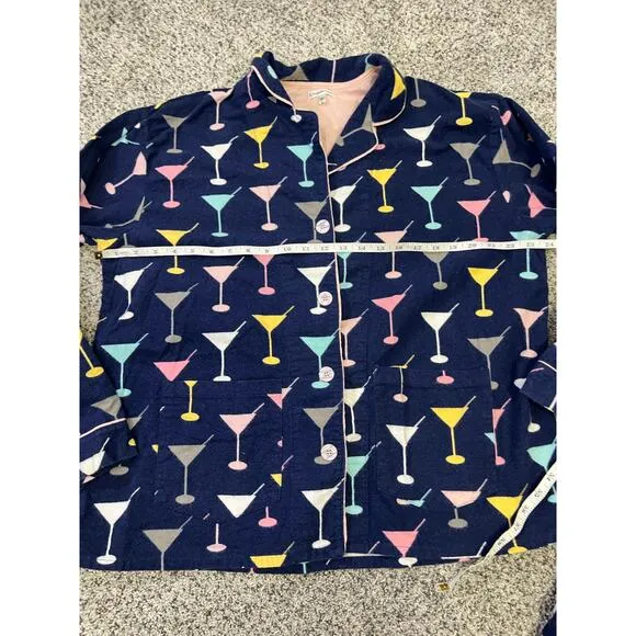 P.J. Salvage Martini Cheers Flannel Pajama Set, Size Large Navy/Pink Cozy Warm
