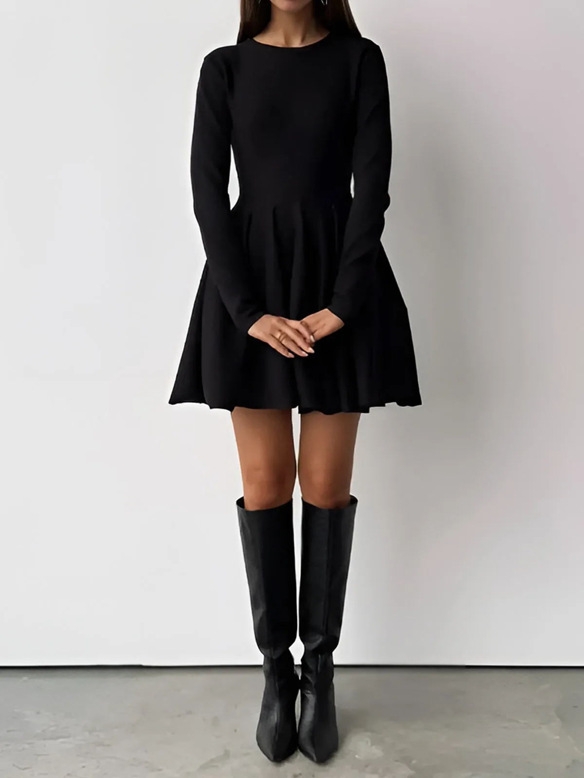 Plain Pleated Sweater Short Dress