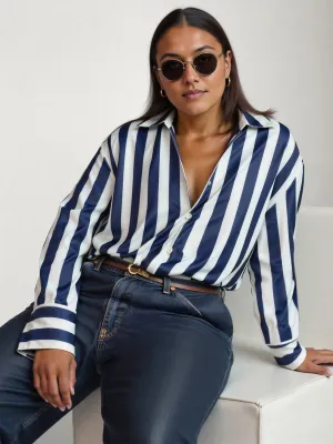 Plus Stripe Satin Button Down Shirt
