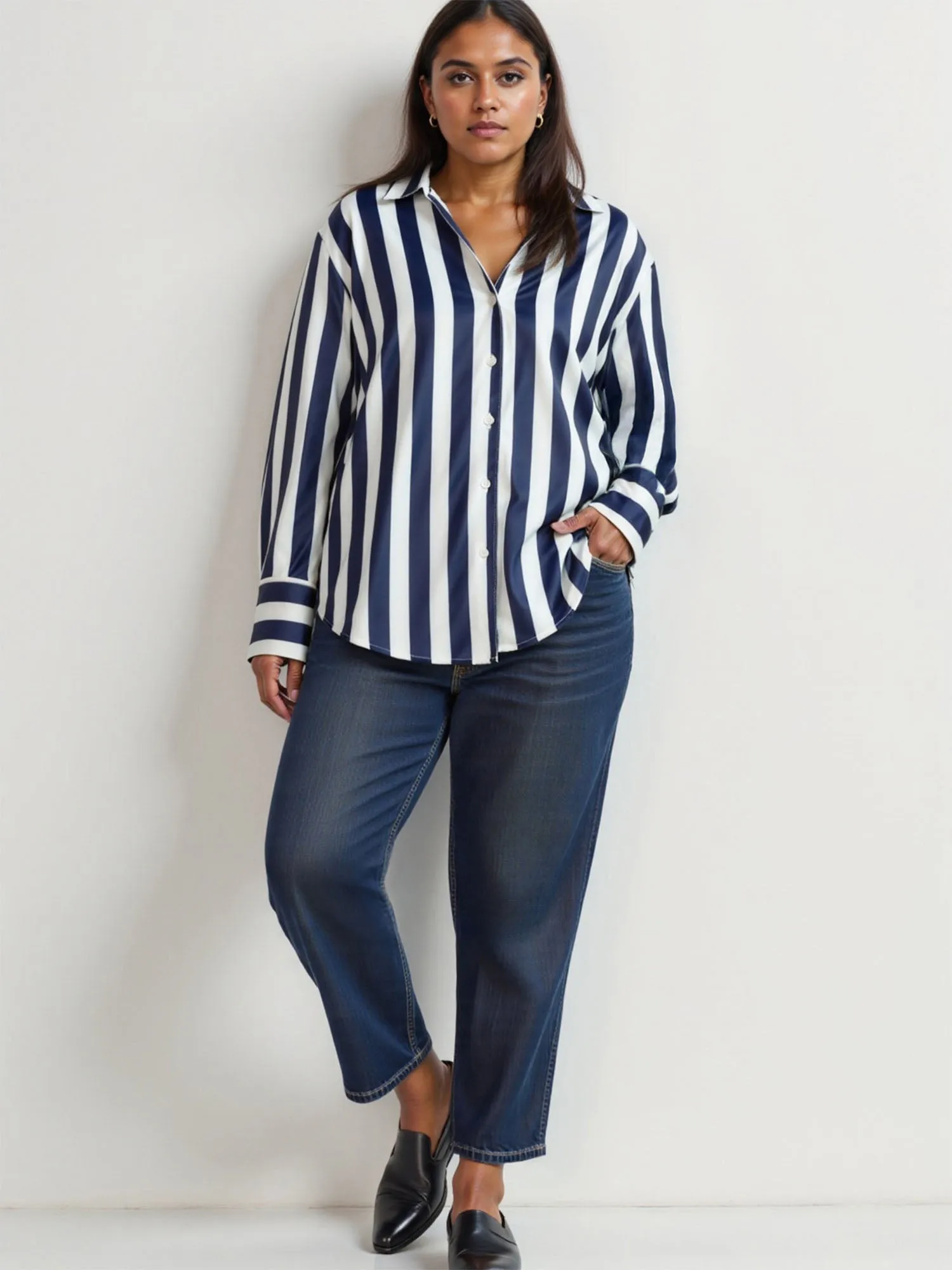 Plus Stripe Satin Button Down Shirt