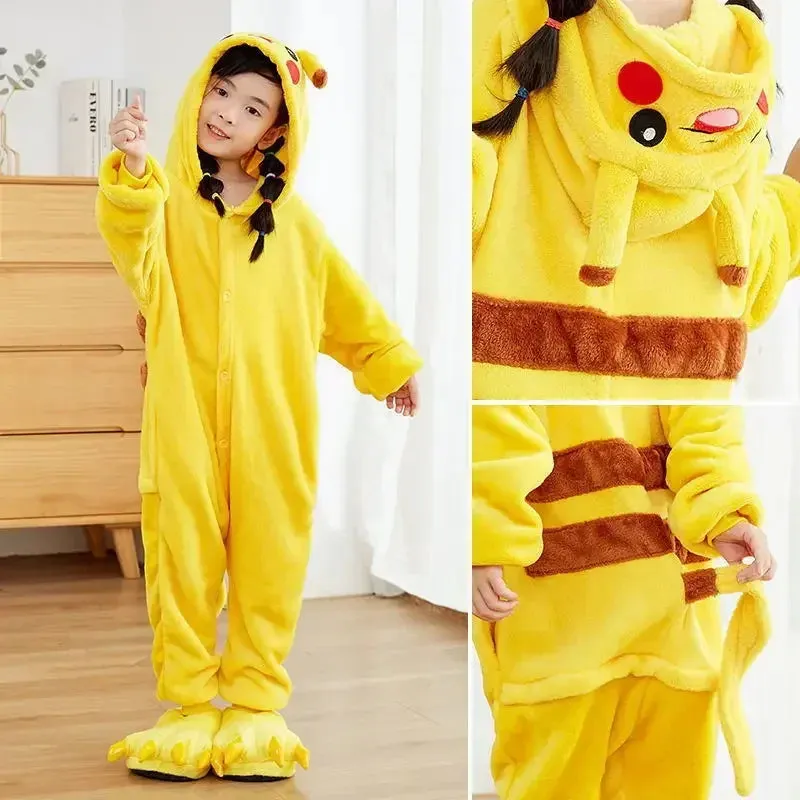 Pokemon Pikachu Warm Flannel Homewear Kids Autumn&Winter Soft Onesie Cosplay Animal Hoodie Pajamas Parent-Child Girls Sleepwear