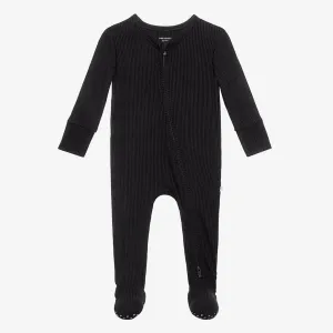 Posh Peanut Solid Ribbed-Black-Footie Zippered One Piece