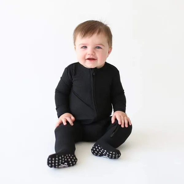 Posh Peanut Solid Ribbed-Black-Footie Zippered One Piece
