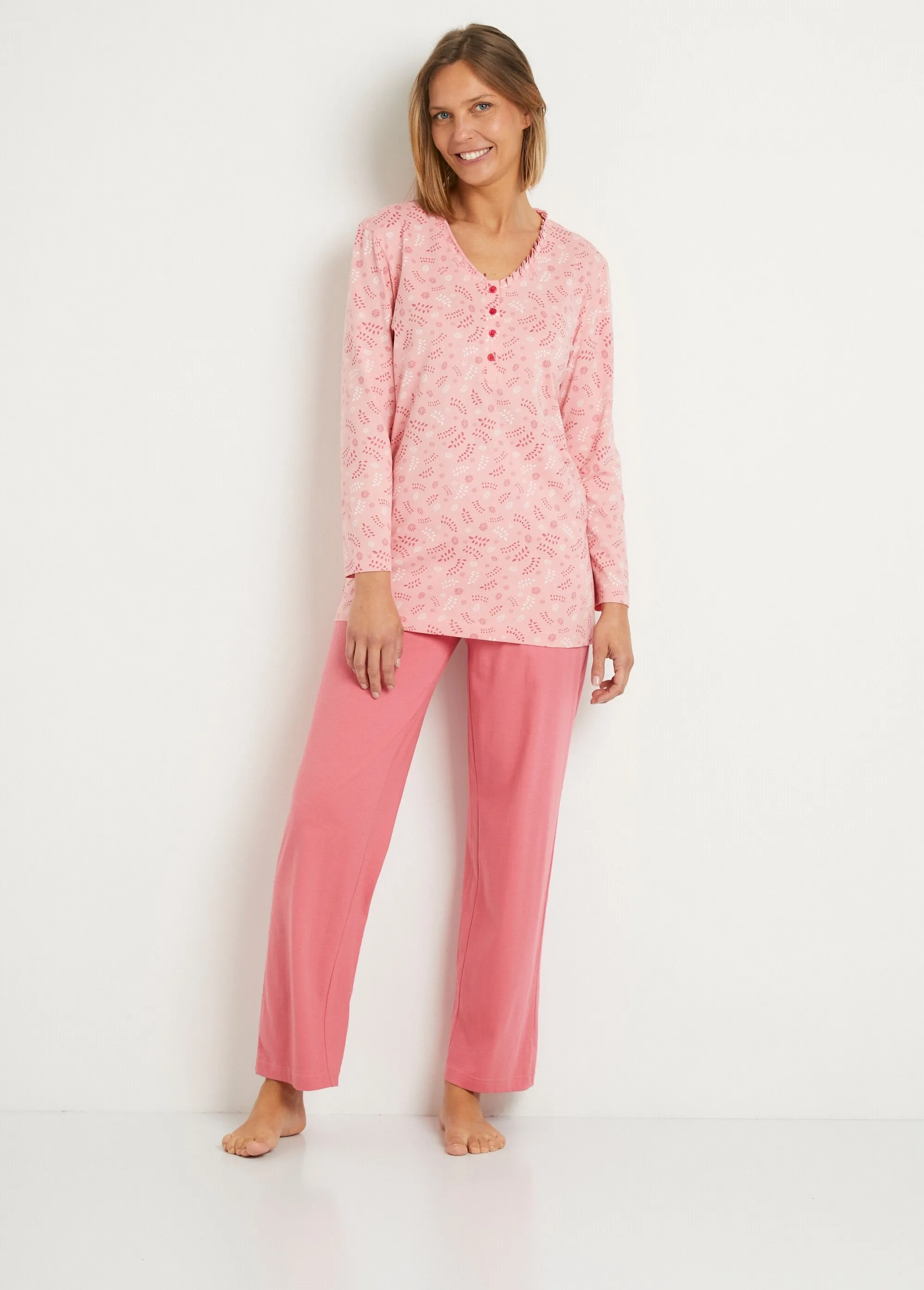 Printed long-sleeved cotton button-down pyjamas