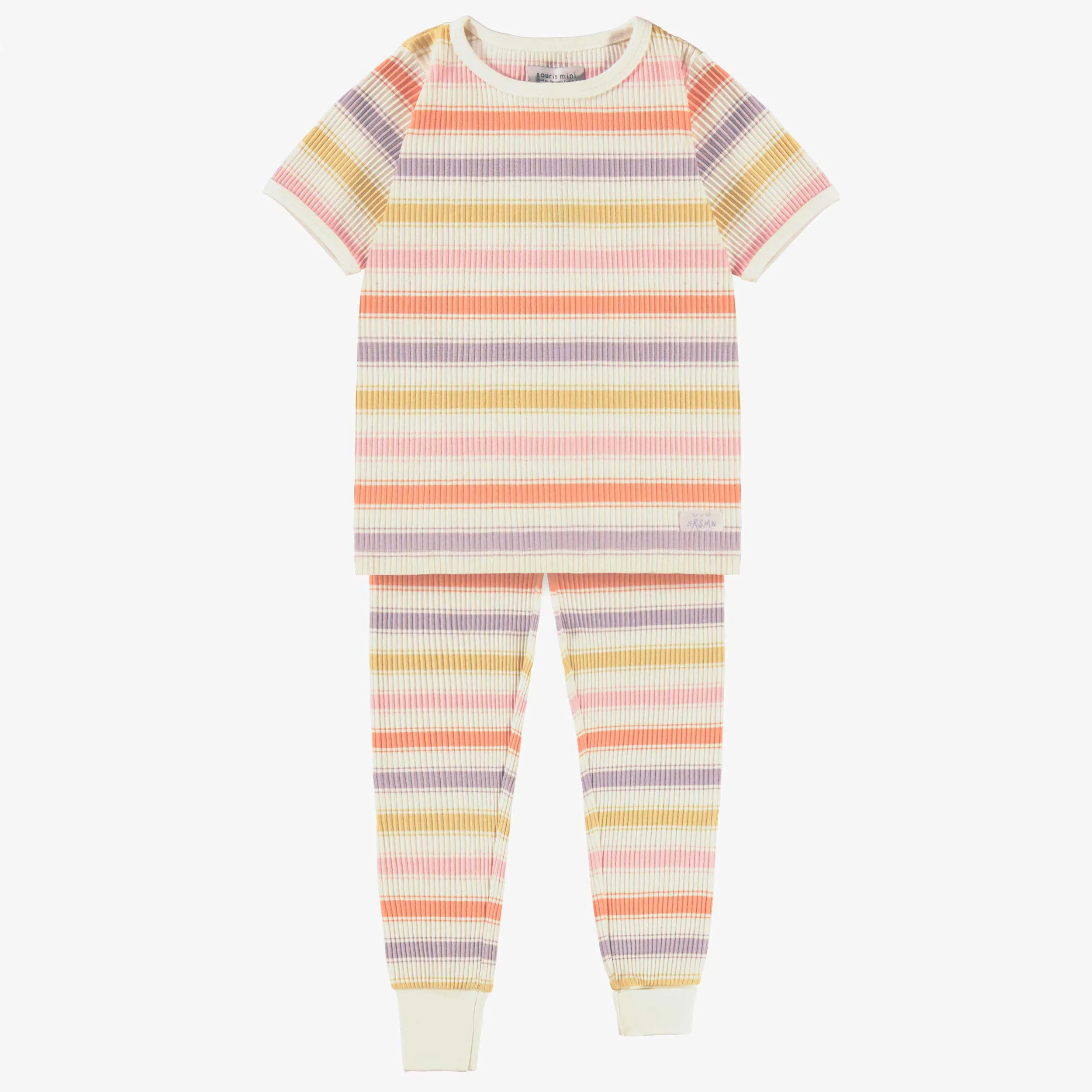 Pyjama deux pièces crème en tricot côtelé à rayures, enfant || Cream rib-knit two-piece pajamas with stripes, child