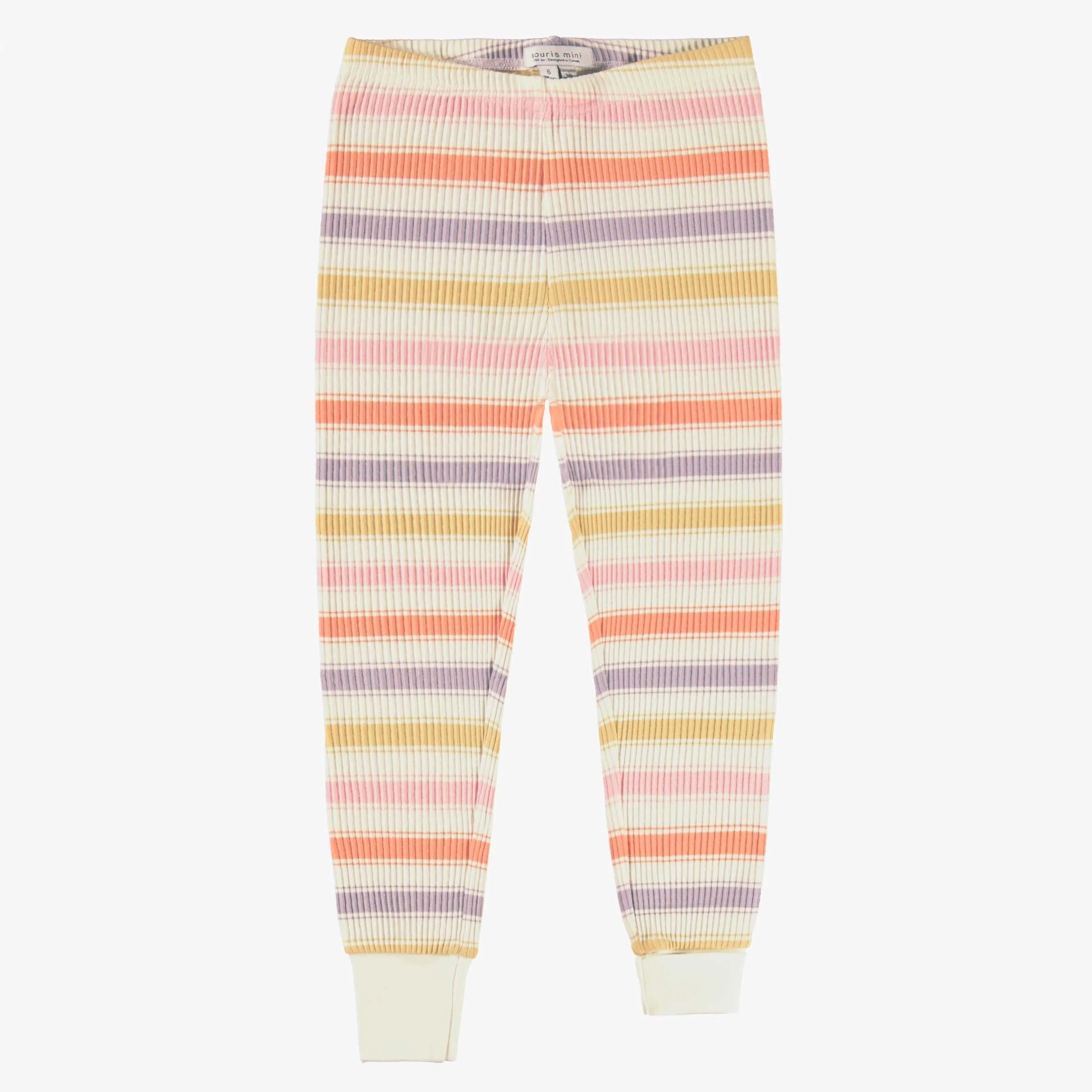 Pyjama deux pièces crème en tricot côtelé à rayures, enfant || Cream rib-knit two-piece pajamas with stripes, child