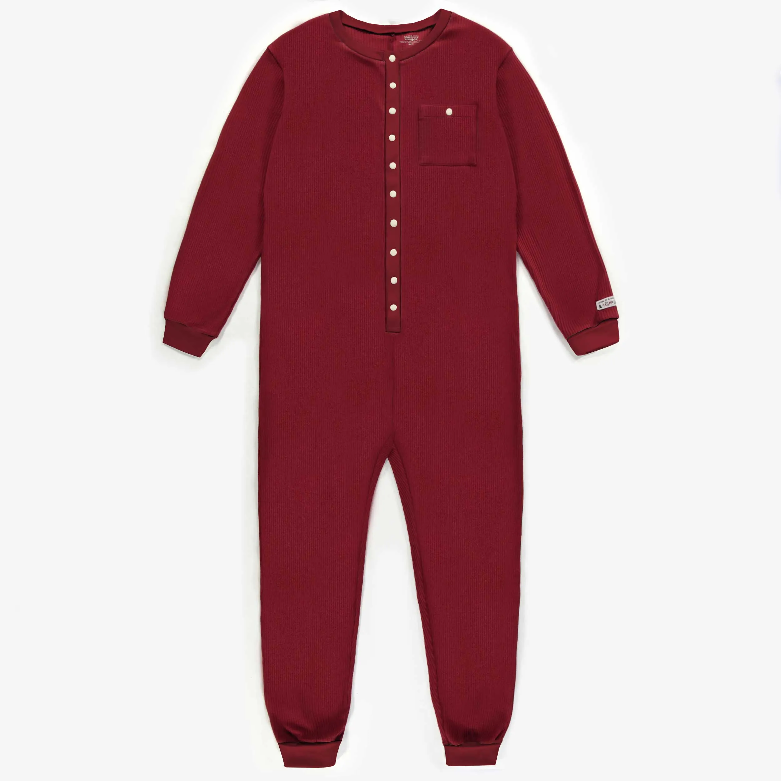 Pyjama une-pièce rouge des Fêtes en tricot côtelé, adulte  || Red one-piece Holidays pajamas in ribbed knit, adult
