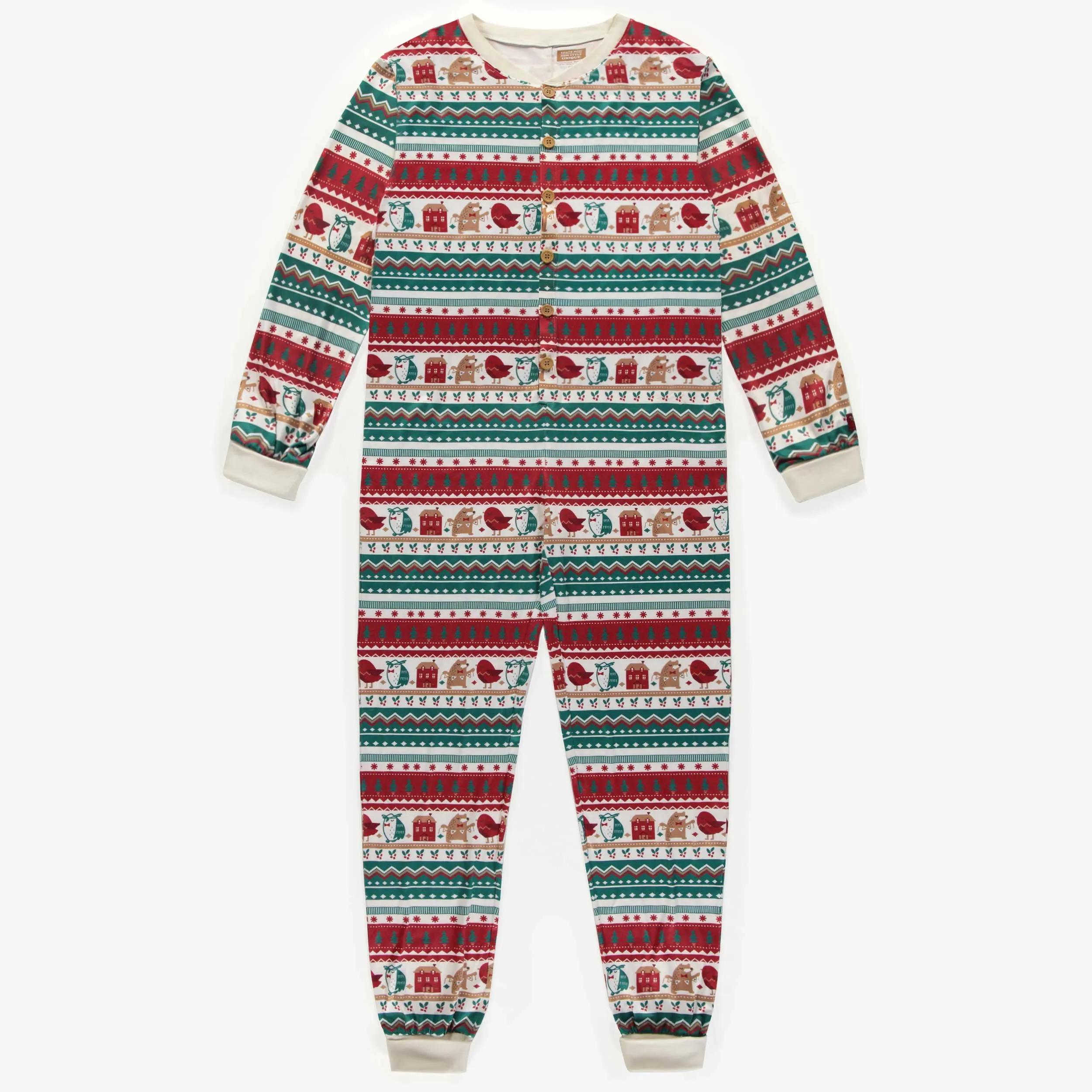 Pyjama une-pièce rouge à motifs des Fêtes, adulte || Red patterned one-piece Holidays pajamas, adult
