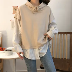 "COLORBLOCK STRIPED FAKE TWO-PIECE" HOODIE N091407