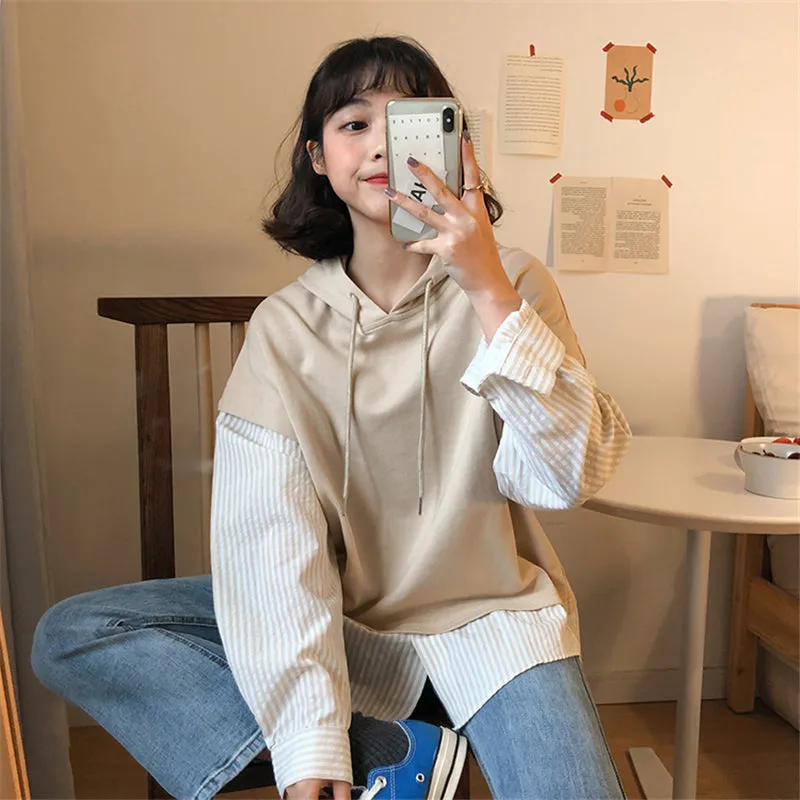 "COLORBLOCK STRIPED FAKE TWO-PIECE" HOODIE N091407