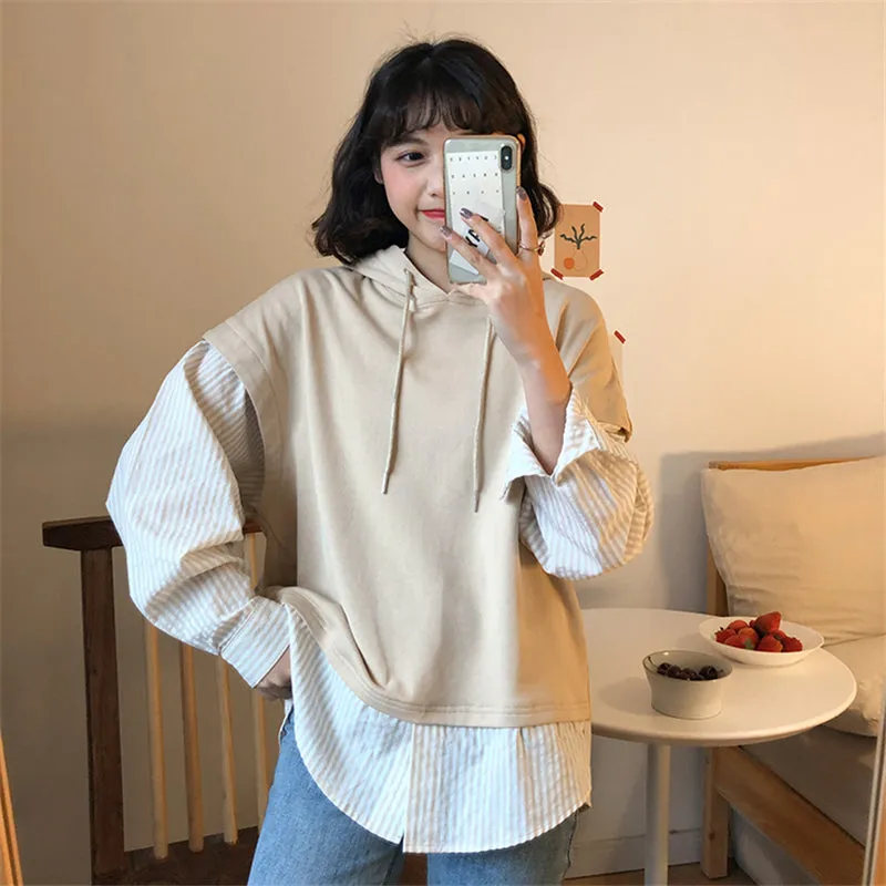 "COLORBLOCK STRIPED FAKE TWO-PIECE" HOODIE N091407