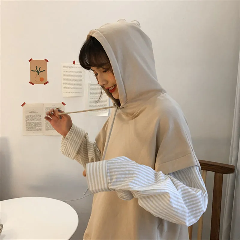 "COLORBLOCK STRIPED FAKE TWO-PIECE" HOODIE N091407