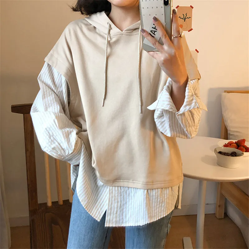 "COLORBLOCK STRIPED FAKE TWO-PIECE" HOODIE N091407