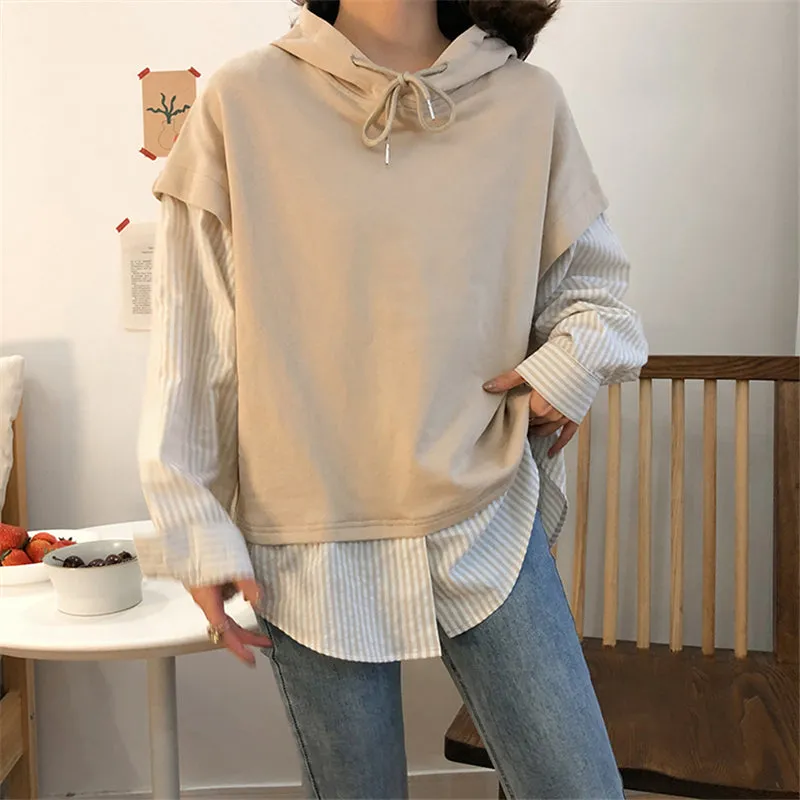 "COLORBLOCK STRIPED FAKE TWO-PIECE" HOODIE N091407