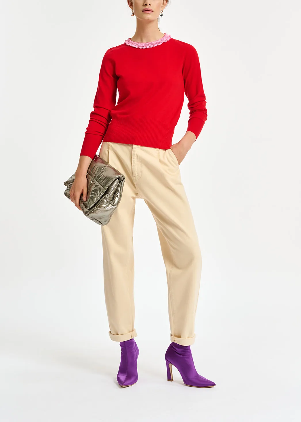 Red fine-knit sweater with bead-embroidered neckline