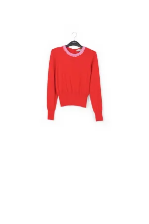 Red fine-knit sweater with bead-embroidered neckline