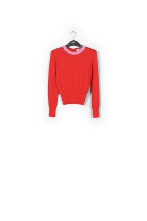 Red fine-knit sweater with bead-embroidered neckline