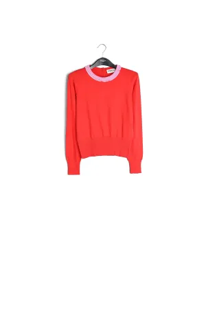 Red fine-knit sweater with bead-embroidered neckline