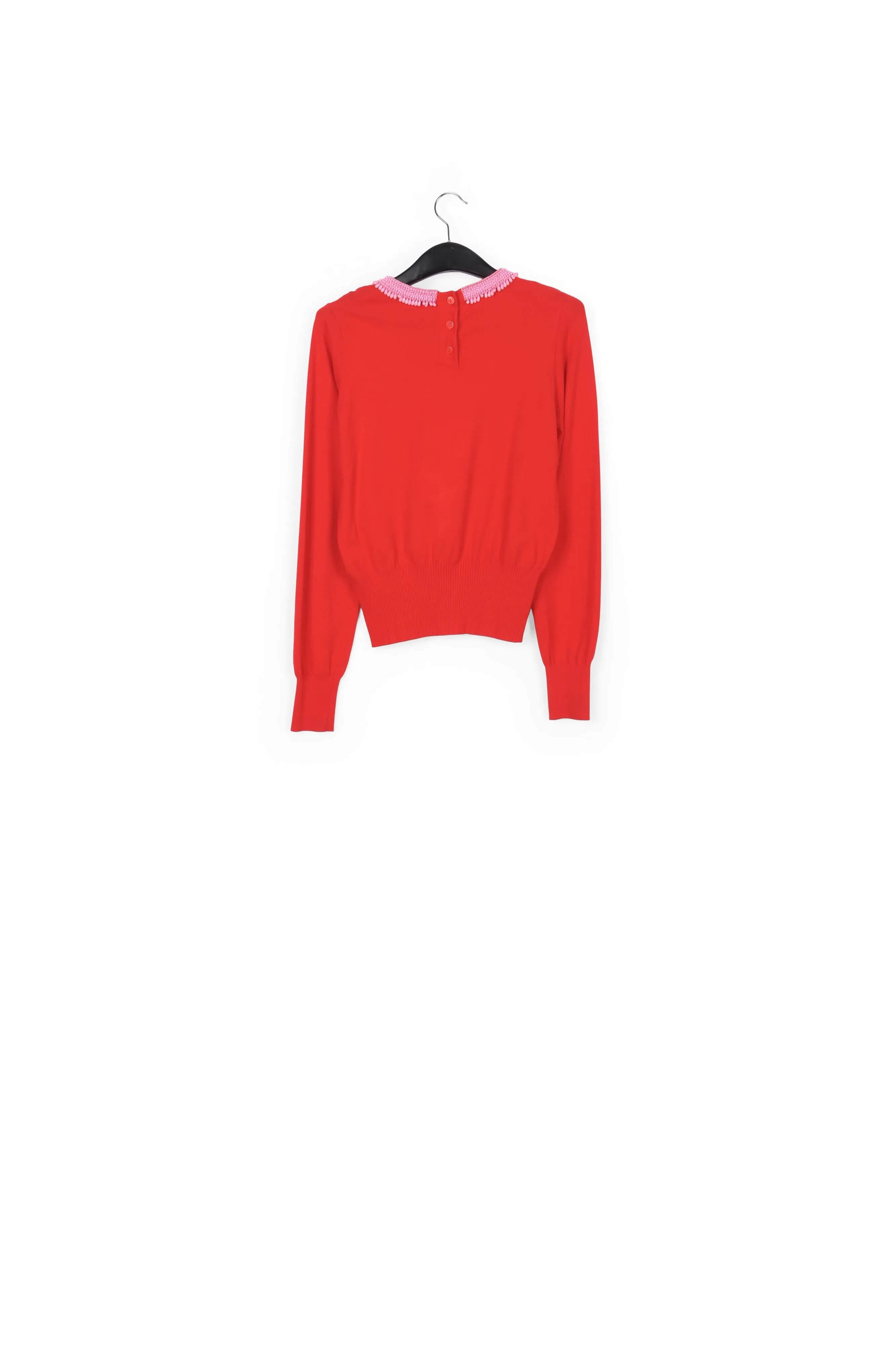 Red fine-knit sweater with bead-embroidered neckline