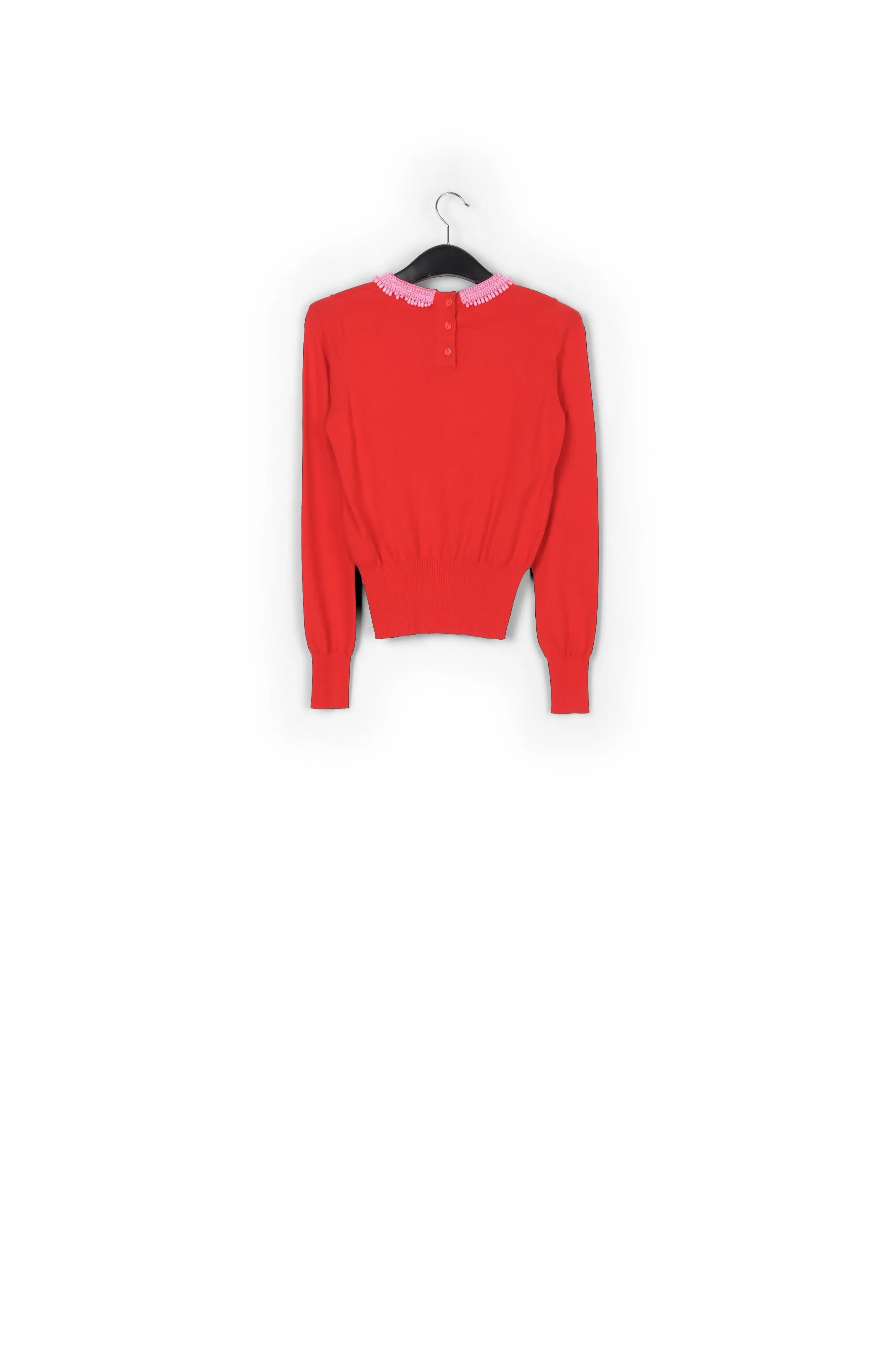 Red fine-knit sweater with bead-embroidered neckline