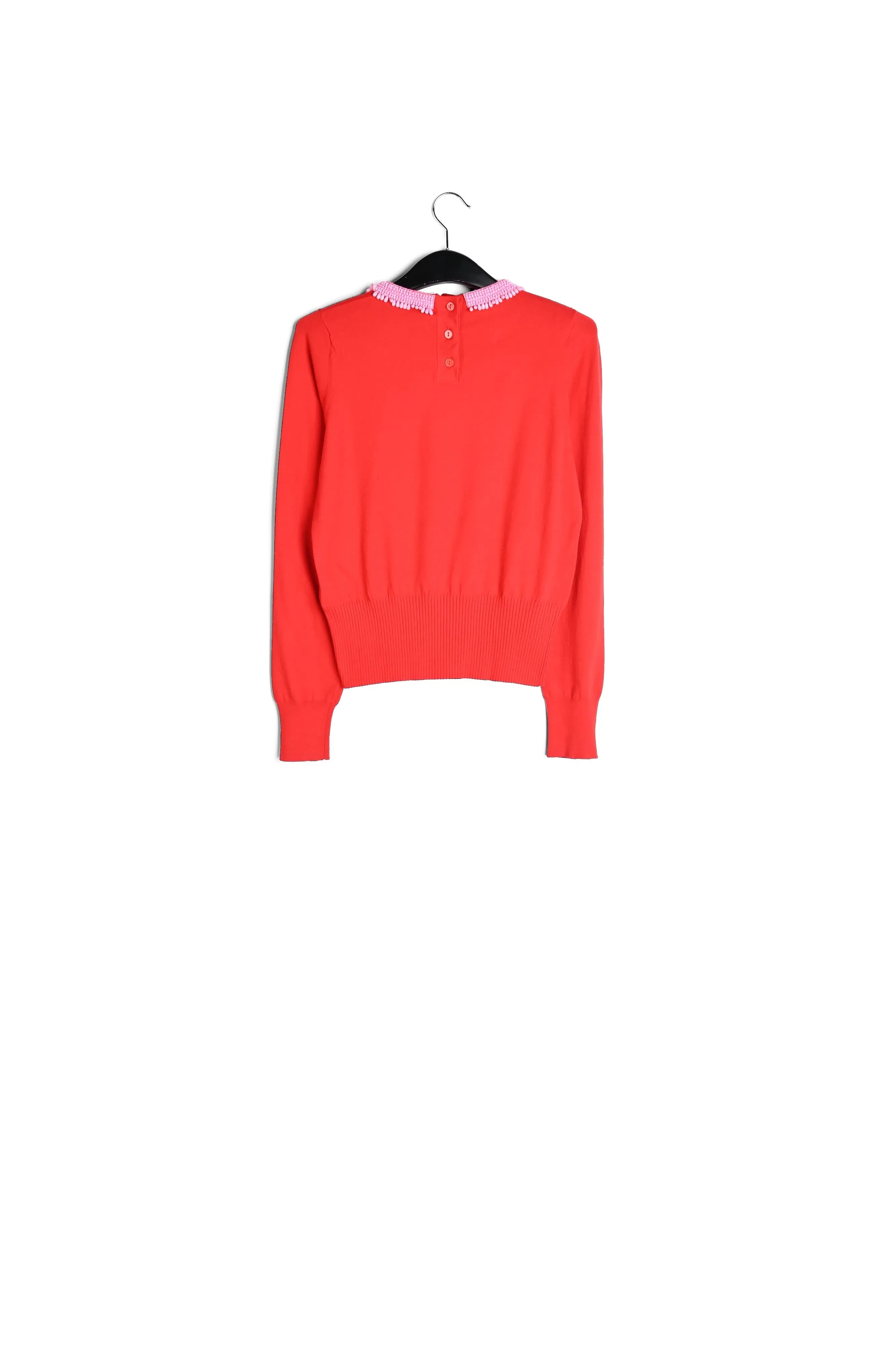 Red fine-knit sweater with bead-embroidered neckline