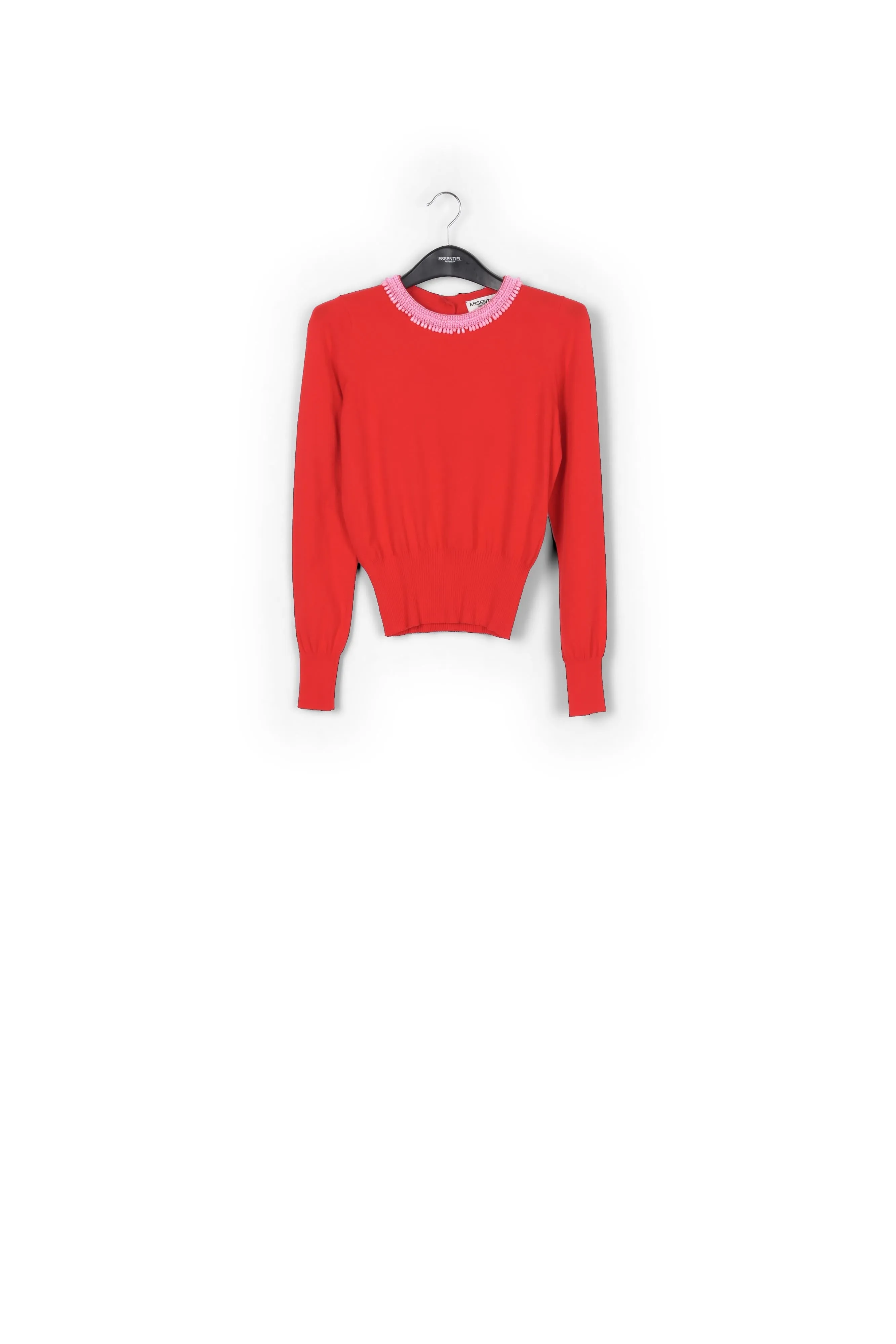 Red fine-knit sweater with bead-embroidered neckline