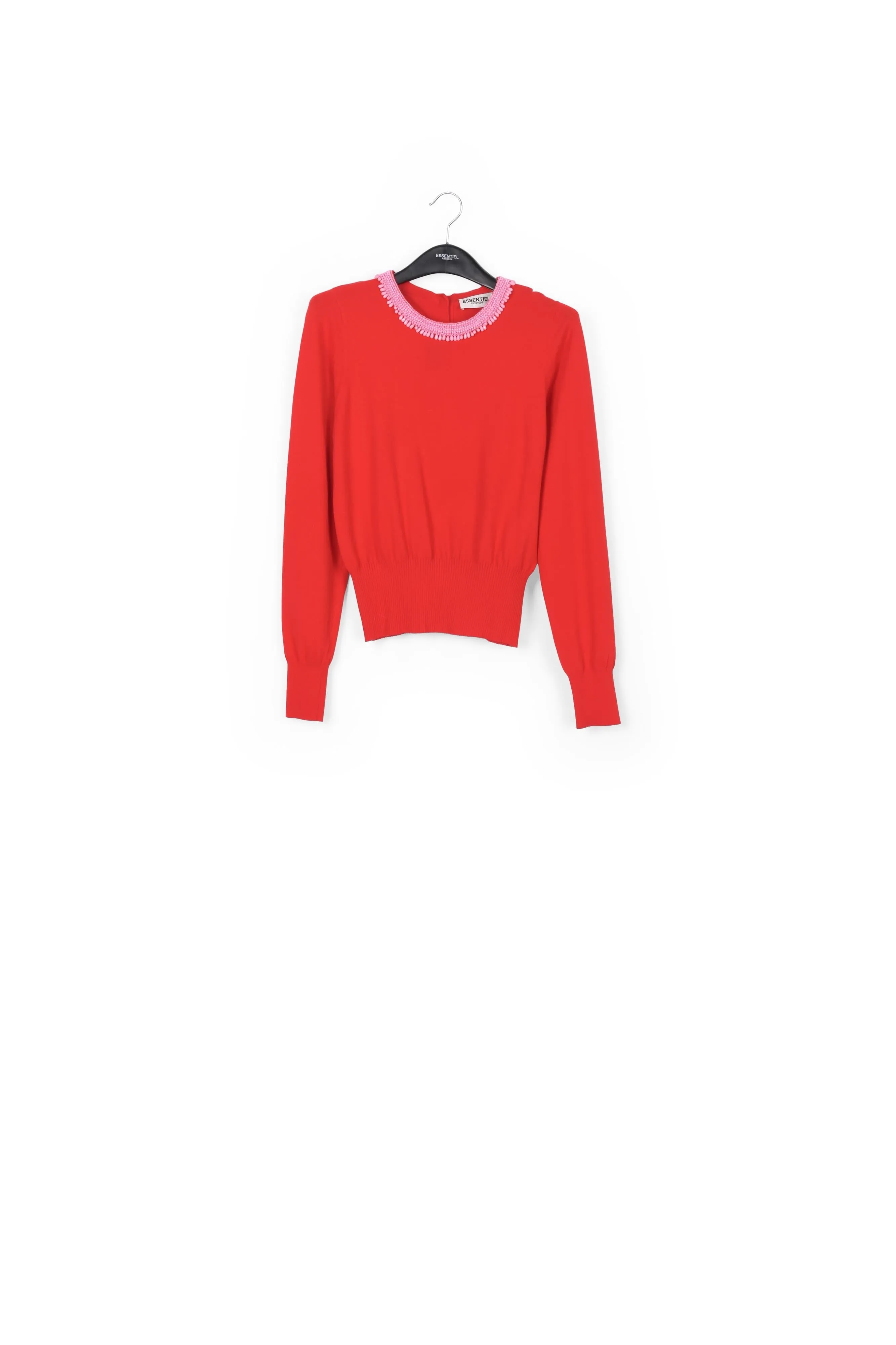 Red fine-knit sweater with bead-embroidered neckline