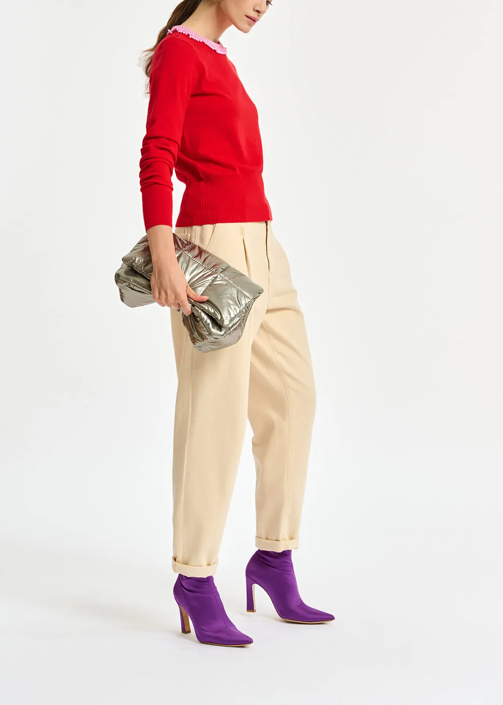 Red fine-knit sweater with bead-embroidered neckline