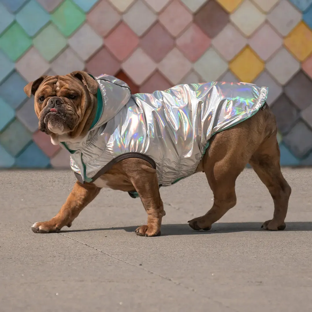 Reversible Dog Raincoat | Neon Aqua & Iridescent