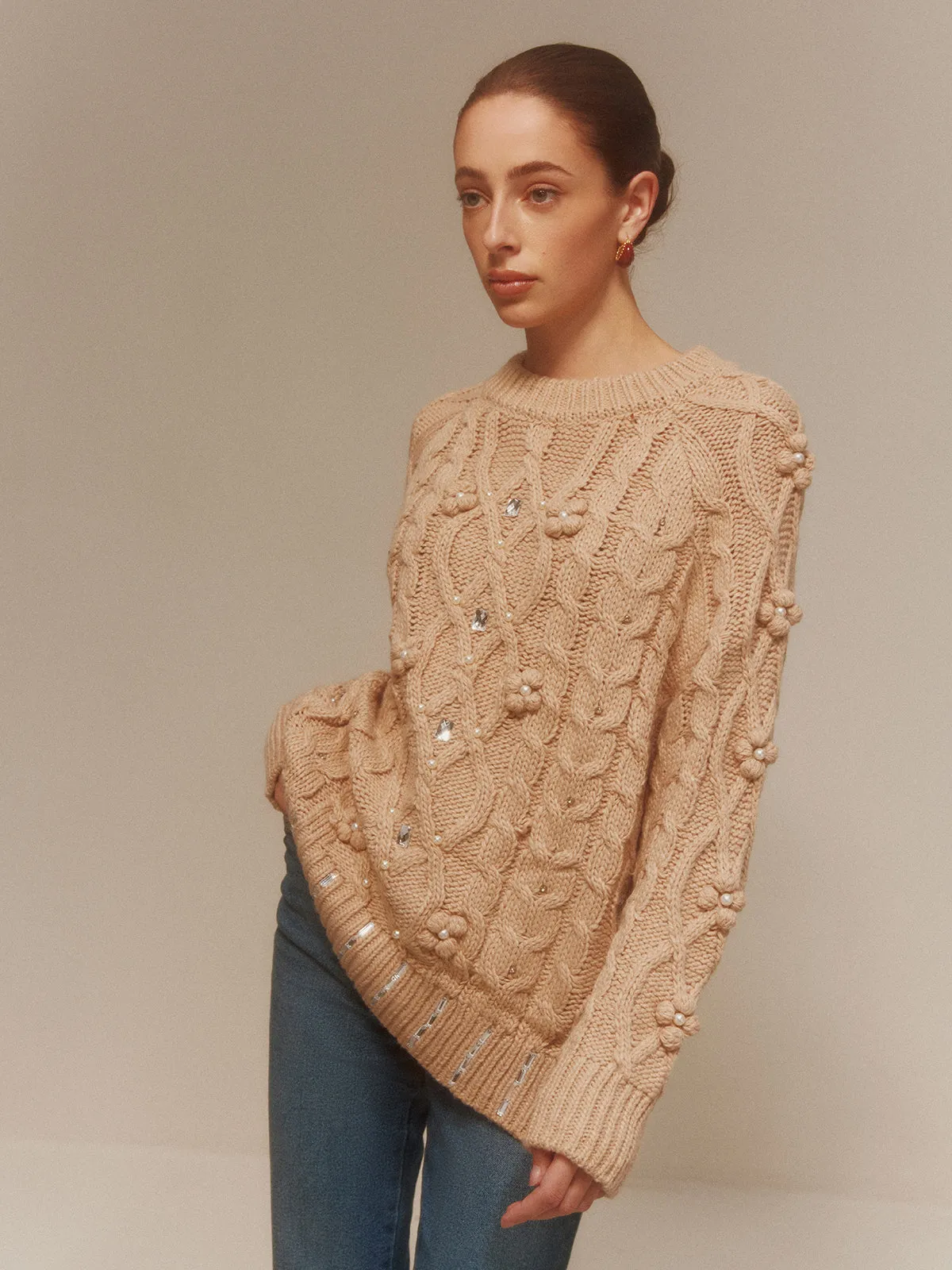 Rhinestone Pullover Twist Sweater