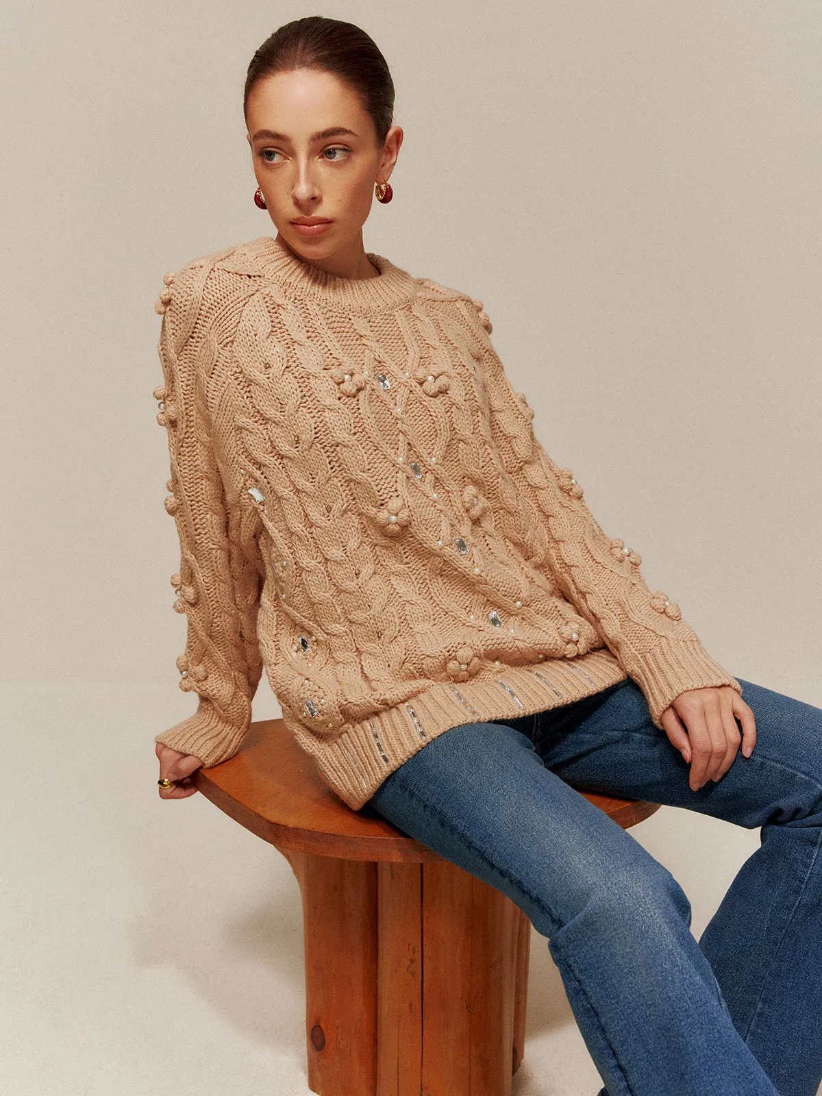 Rhinestone Pullover Twist Sweater