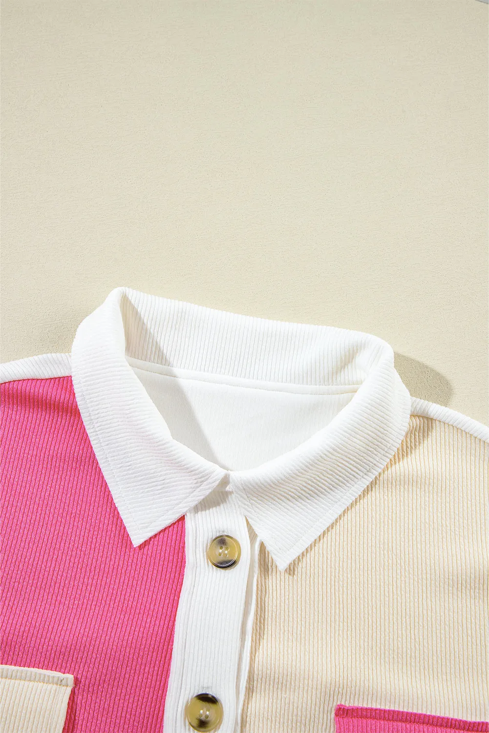 Rose Red Colorblock Ribbed Collared Oversized Sweatshirt